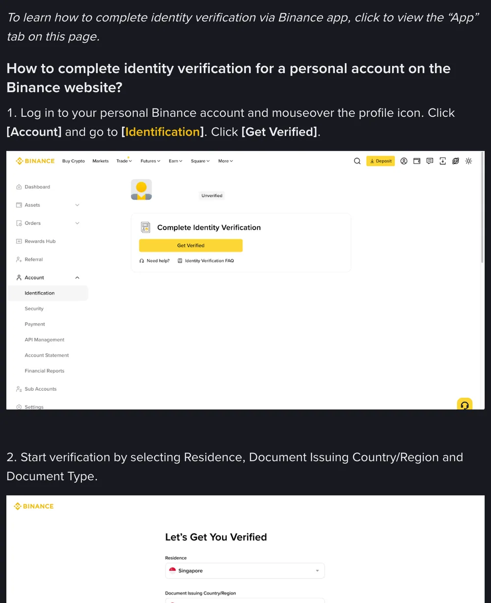 Binance web account page with Identification selected under Account, an Unverified badge and a Get Verified button, followed by the start of step 2, the Let's Get You Verified form beginning with Residence