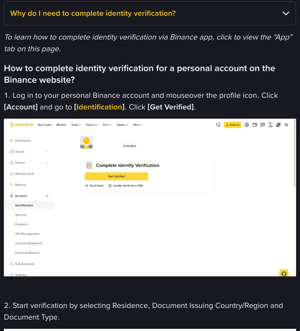 Binance Support article on website verification: a collapsed Why do I need to complete identity verification? section, a note pointing app users to the App tab, then step 1 with an Unverified account page, a yellow Get Verified button and Need help? and Identity Verification FAQ links, and the text of step 2 below
