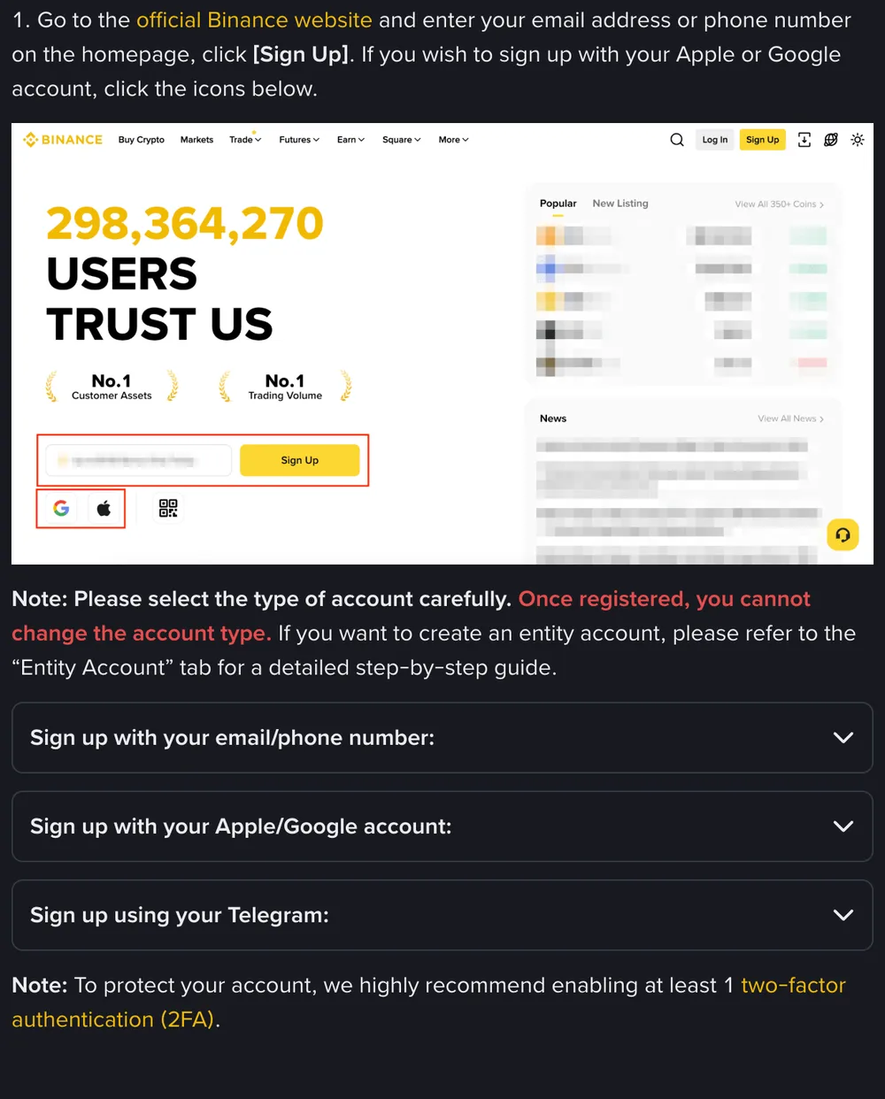 Binance Support article How to Register on the Binance Website: step 1 text above a homepage view where red boxes mark the email or phone field with its Sign Up button and the Google and Apple sign-up icons, then a note that the account type cannot be changed later and collapsed email/phone, Apple/Google and Telegram sections